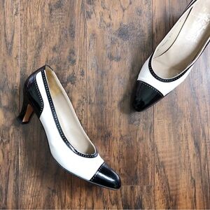 Ferragamo • vintage heels pumps cap toe two tone black white patent leather